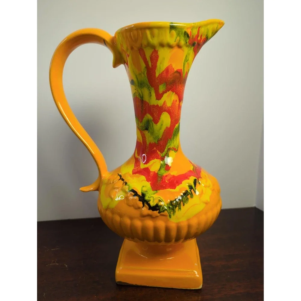 Vintage MCM Psychedelic Drip Glaze Ewer Vase Orange Retro Atomic Pottery 931 USA